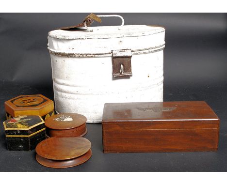 A collection of various boxes and tins all encased within a vintage metal Hat box, to include Olive Wood snuff box, Cigarette