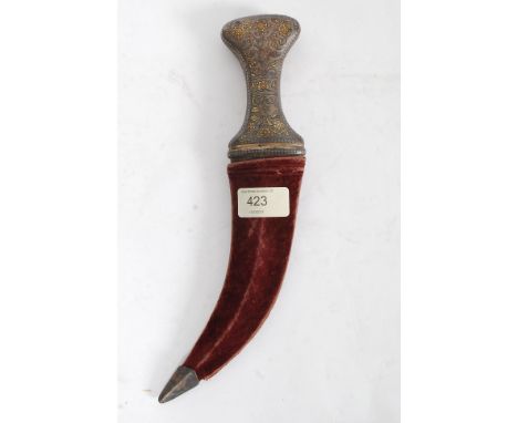 A 19th century brass inlaid kukrie knife with velvet lined scabbard, the handle with decorative inlaid handle