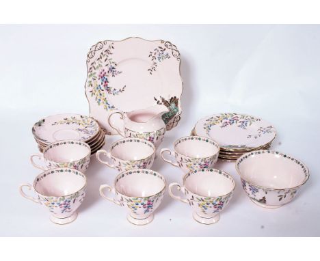 A 1930's Art Deco pink chintz pattern Tuscan bone china part tea service top include cups, plates, saucers, creamer etc. Meas