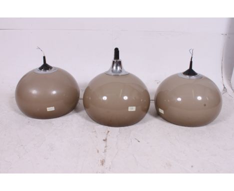 3 plastic 1970's green plastic ball pendant light shades to include 1 rise and fall lamp shade. Possibly Habitat design. Meas