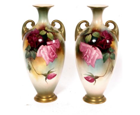 A rare pair of Royal Worcester oviform vase painted with roses ( attributed to artist W. Hart )  Stamped to underside with da