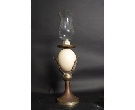 A 20th century circa 1970's Anthony Redmile Ostrich Egg and silver plate fern leaf lamp. The copper base with trefoil leaf os