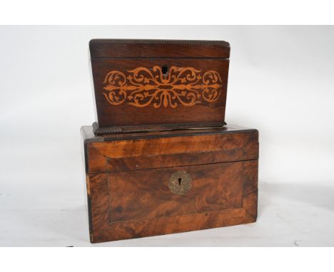 A good Victorian walnut and brass inlaid workbox together with a 19th century marquetry inlaid tea caddy with gadrooned borde