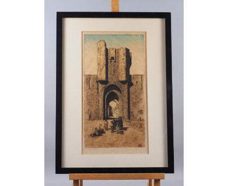 A hand-coloured etching, tower and figures, in ebonised frame, another similar etching and two others