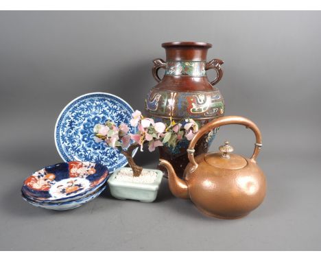 A Chinese champleve two-handled vase with animal and scrolled decoration, 11 3/4” high, a Chinese blue and white dish (damage