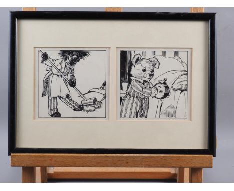 A E Kennedy: pen and inks, "Teddy" and "Golly", each 4 1/2" x 4 1/2", Jonkers label verso, in strip frames Notice from the th