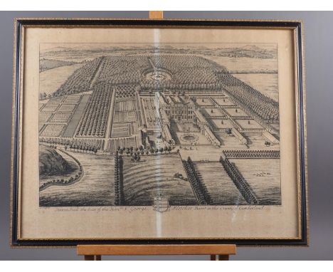 Kipp after Knyff: an engraving of "Hutton Hall", in Hogarth frame, and an etching, coastal scene with sailing boats, in gilt 