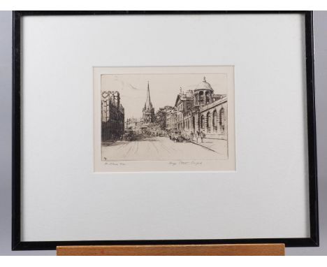M Oliver Rae: an etching, High Street Oxford, in ebonised strip frame, and another by the same hand, "Trinity Great Court, Ca
