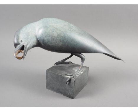 †Geoffrey Dashwood: a patinated bronze jackdaw with yellow metal ring in its beak, 5/12, 8 1/2" high †ARR - Artist's Resale R