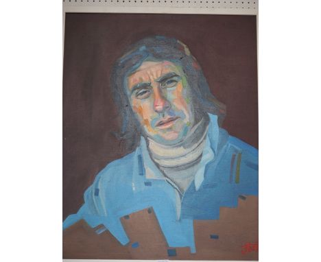 Jack Banister: oil on canvas, portrait of Jackie Stewart, 23 1/2” x 29 1/2, in white painted strip frame