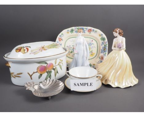 Five Coalport model figures, including “Diana, the Peoples Princess”, one similar Royal Worcester figure, a pair of silver pl