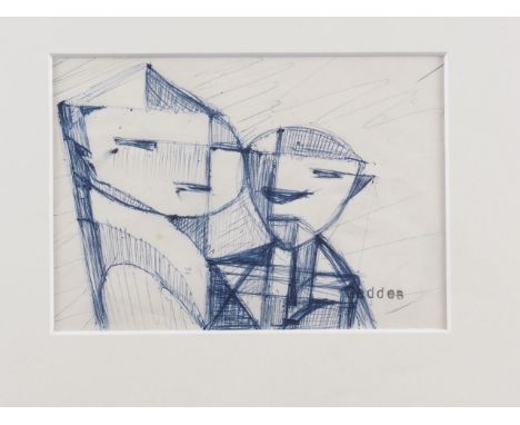 Margaret Geddes: biro "Figures in an orange field 1955", studio stamp, 3 1/4" x 5", Court gallery label verso, in strip frame