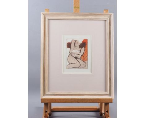 John Emanuel: artist's proof etching of a woman, 5" x 3 5/8", Cornerstone Gallery label verso, in linen lined frame