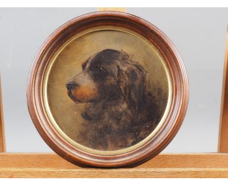 G M: oil on canvas faced board, portrait of a spaniel, 4 3/8" dia, in mahogany frameCondition:No visible issues. Two tiny spe