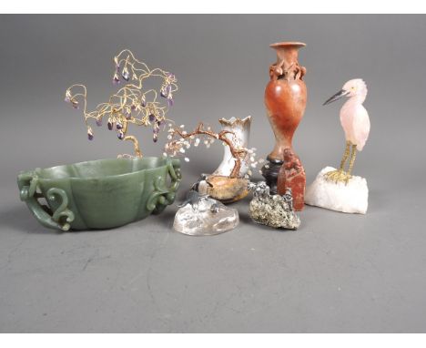 A Chinese carved jade cup with lizard handles, 6" wide, a turned and carved soapstone vase, 7" high, and other items