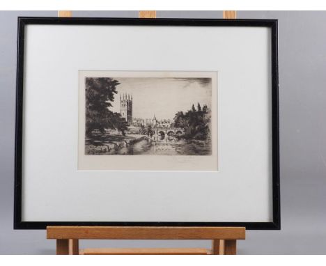 English School: an etching, Tom Tower, Oxford, in ebonised frame, another etching, landscape, and Preston Cribb: "The Burns M
