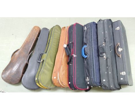 Oblong double violin case; also six various single violin cases and a viola case (8)