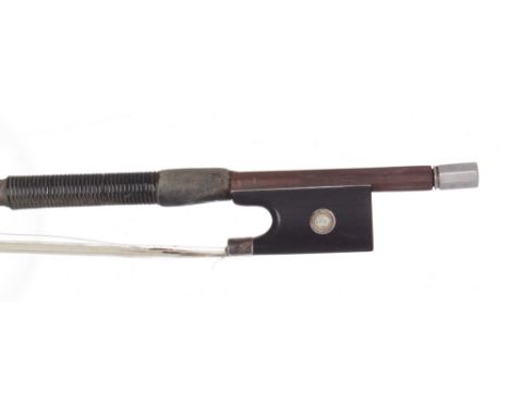 Silver mounted violin bow faintly branded Sartory á Paris, the stick octagonal, the ebony frog inlaid with silver rings enclo