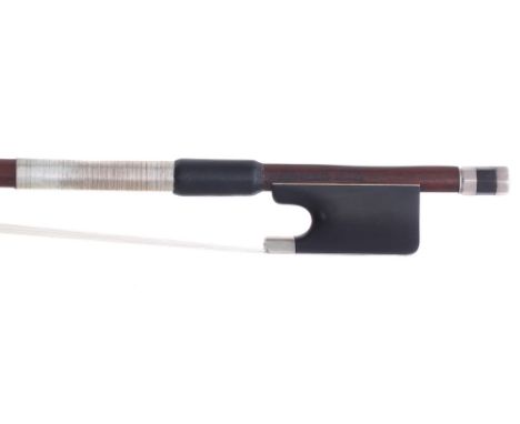 Silver mounted violin bow by and stamped Giorgio... Milano, the stick round, the ebony frog plain and the ebony adjuster with