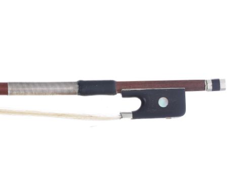 French nickel mounted violin bow illegibly stamped ...Paris, the stick round, the ebony frog inlaid with pearl eyes and the e