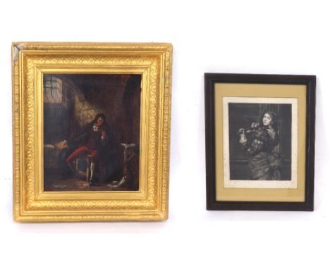Early 20th Century School - Paganini seated on a stool playing his violin in a prison cell, oil on canvas, newspaper cutting 