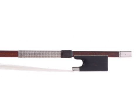 Silver mounted violin bow stamped Laforge, the stick round, the ebony frog plain and with a silver overlaid ebony adjuster, 5