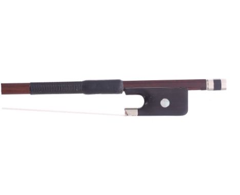 French violoncello bow, unstamped, the stick round, the ebony frog inlaid with pearl eyes and the ebony adjuster with two nic