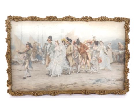 Framed coloured print depicting an 18th century marriage procession led by a violinist on a quayside, with Arthur Tooth &amp;