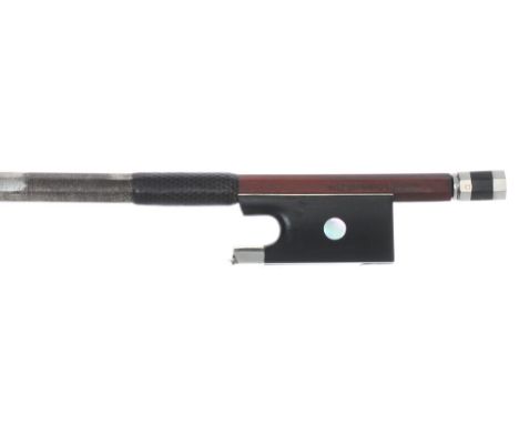 French silver mounted violin bow stamped Louis Bazin, the stick round, the ebony frog inlaid with pearl eyes and the ebony ad