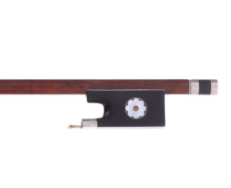 Old German nickel mounted violin bow, unstamped, the stick round, the ebony frog inlaid with mother of pearl and abalone styl