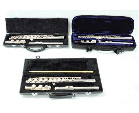 Three cased metal flutes, stamped Trevor James TJ10XII, Trevor James, T.T.10 and Stagg WS-FL211 (3)