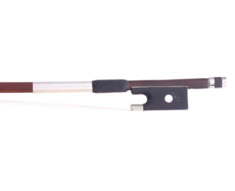 French nickel mounted violin bow by and stamped Roger Francois Lotte, the stick round, the ebony frog inlaid with pearl eyes 