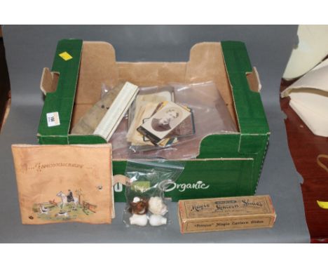 Box of miscellaneous, one dozen primus magic lantern slides, a Sandalwood and bone whist marker, vintage tape measure, porcel