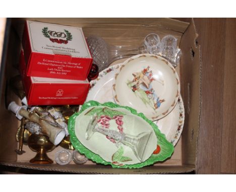 A box of miscellaneous china and glassware's to include Carlton ware, Wedgwood Bunnykins plate etc