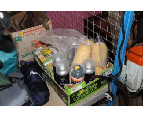 Quantity of miscellaneous tools, cans of alloy wheel protectors, bird lime neutraliser, paint rollers, jubilee clips etc