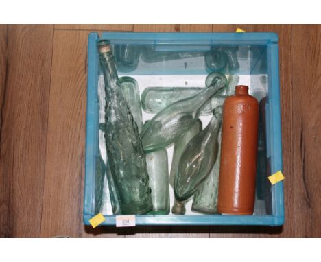 Box of vintage glass and stoneware bottles