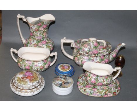 A box of Crown Ducal chintz pattern tea wares together with a Limoges trinket box 