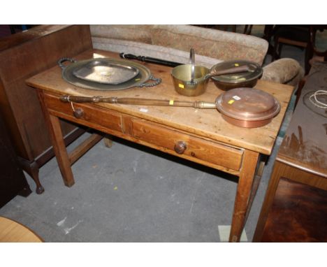 A late 19th/early 20thC pine two drawer table, reportedly ex Great Salkeld post office, 81cm x 138cm x 60cm