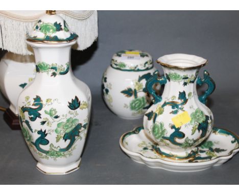 A Masons Chartreuse pattern table lamp and four other Chartreuse items 