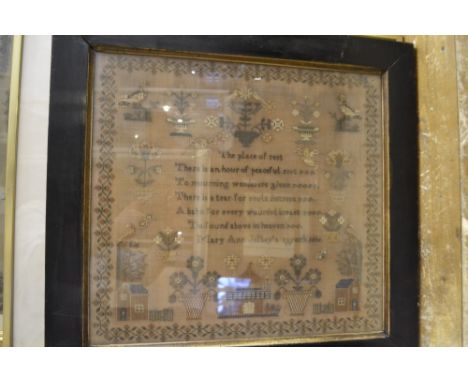 A mid 19th century needlework sampler, decorated with houses and flowers, bears verse, by Mary Anne Jalley, dated 1836. H.45c