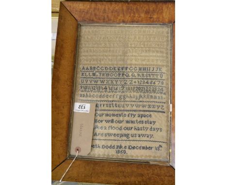 A mid Victorian polychrome needlework sampler, bears alphabet and verse by Elizabeth Dodd Pike, 1850, within a maple frame. H