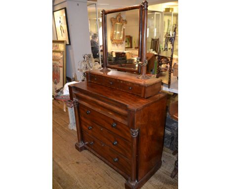 A William IV mahogany dressing chest, fitted a moulded rectangular mirror above three trinket drawers, with a frieze drawer, 