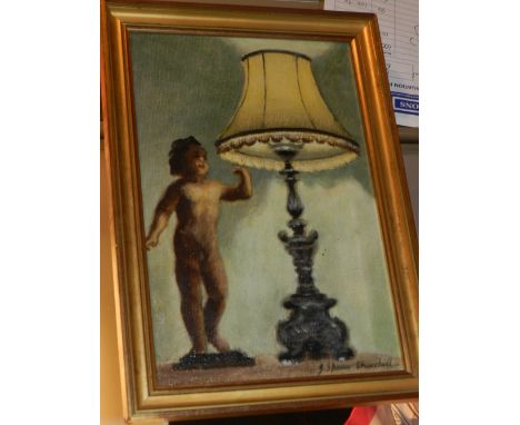 John Spencer Churchill, 20th century British school, a still life study of an Italianate table lamp and statue of a cherub, s