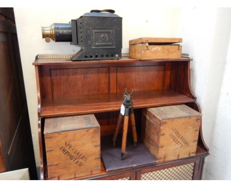 A WWII miltary tripod, by Siemens Brothers London, together with a Victorian magic lantern, a large collection of magic lante