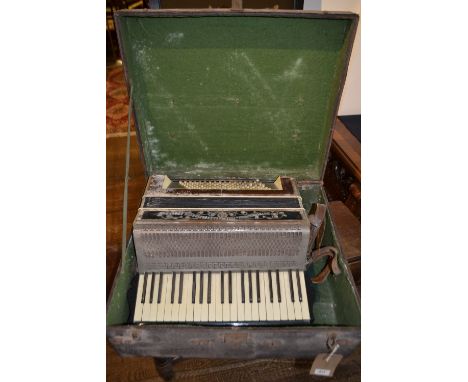 A cased accordion. 