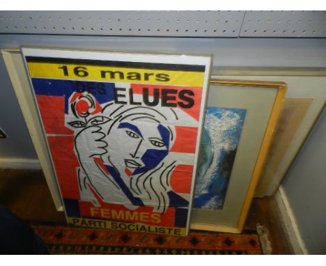 A box of six frames, to include original French political poster, a medical lithograph, a surrealist portrait study, a lithog