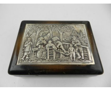 A wooden box having white metal relief decoration to top. together with a silver plated trinket box decorated with amber to t