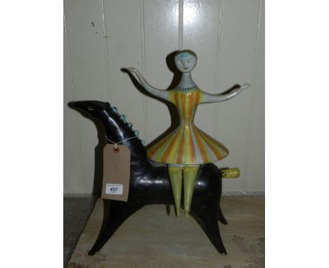 20th century Continental school. An unusual ceramic study of a ballerina on a horse, signed to base.