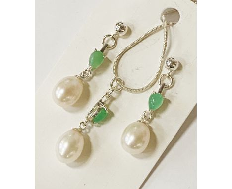 STERLING SILVER JADE &amp; PEARL SET