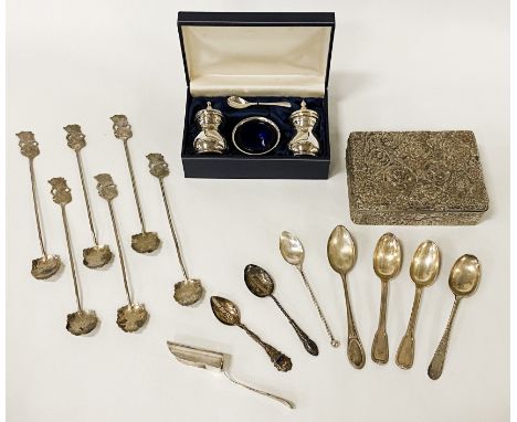 ORNATE SILVER BOX &amp; CONDIMENT SET WITH A QTY OF SILVER SPOONS (VARIOUS GRADES)